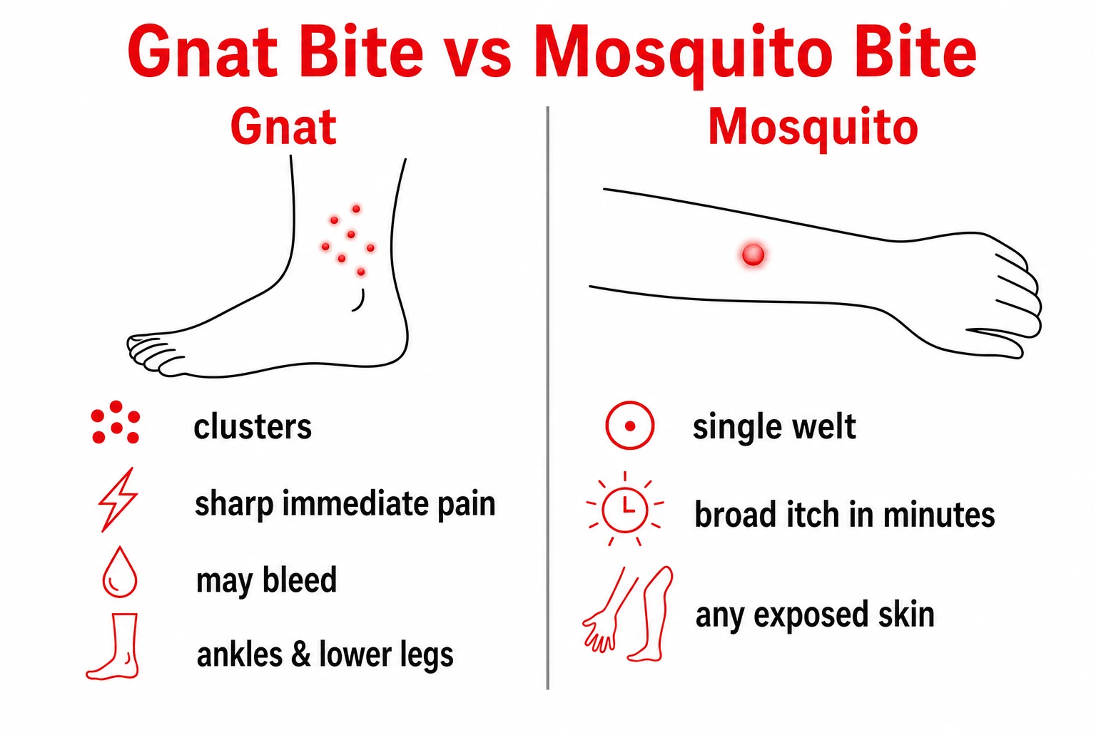 Infographic comparing gnat bites (clustered, bleeding, painful) with mosquito bites (single raised welt, broad itch).