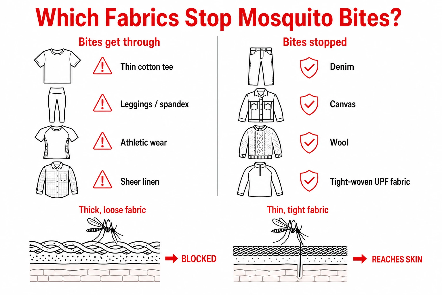Infographic comparing fabrics mosquitoes can bite through versus fabrics that stop bites.