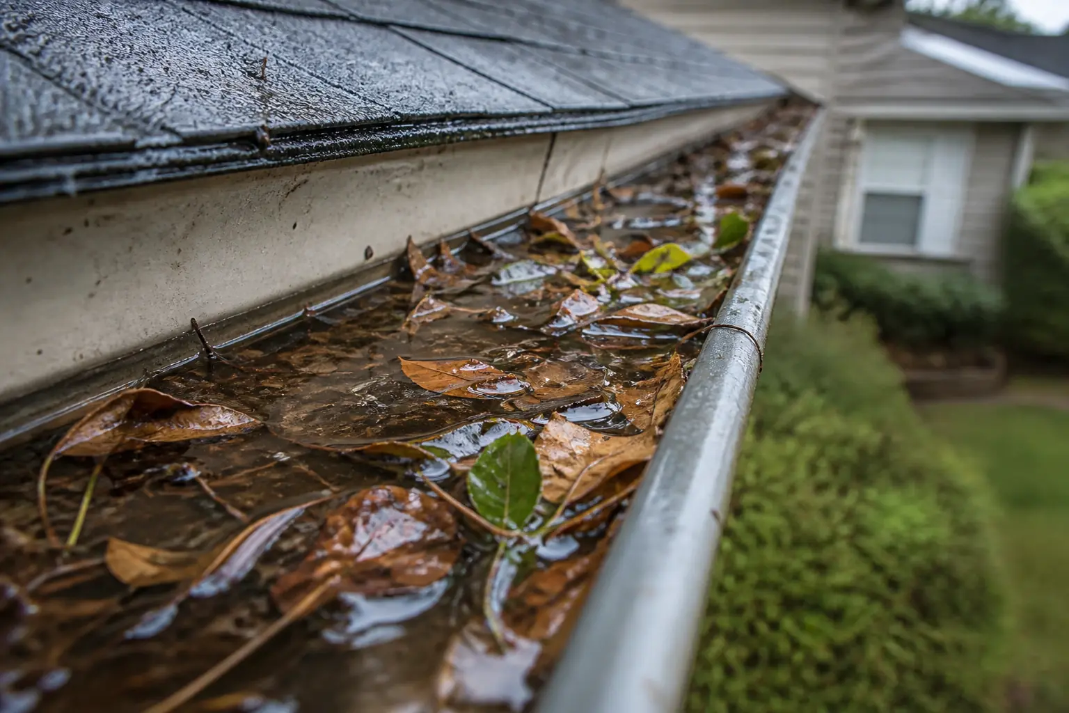 Standing water in a clogged gutter beside a Georgia home, a common mosquito breeding site.