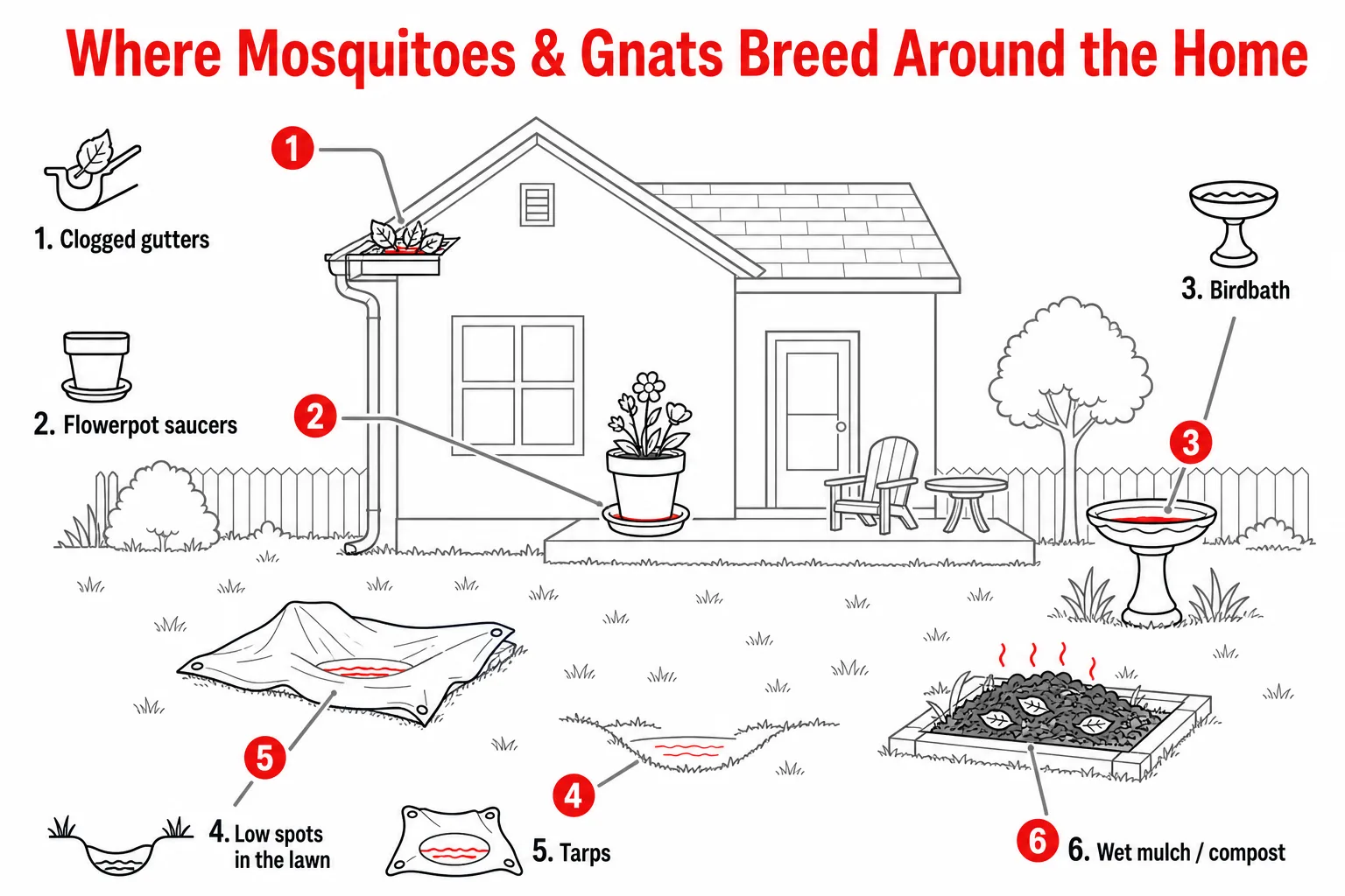 Infographic of common mosquito and gnat breeding sites around a home: gutters, saucers, birdbath, low spots, wet mulch.