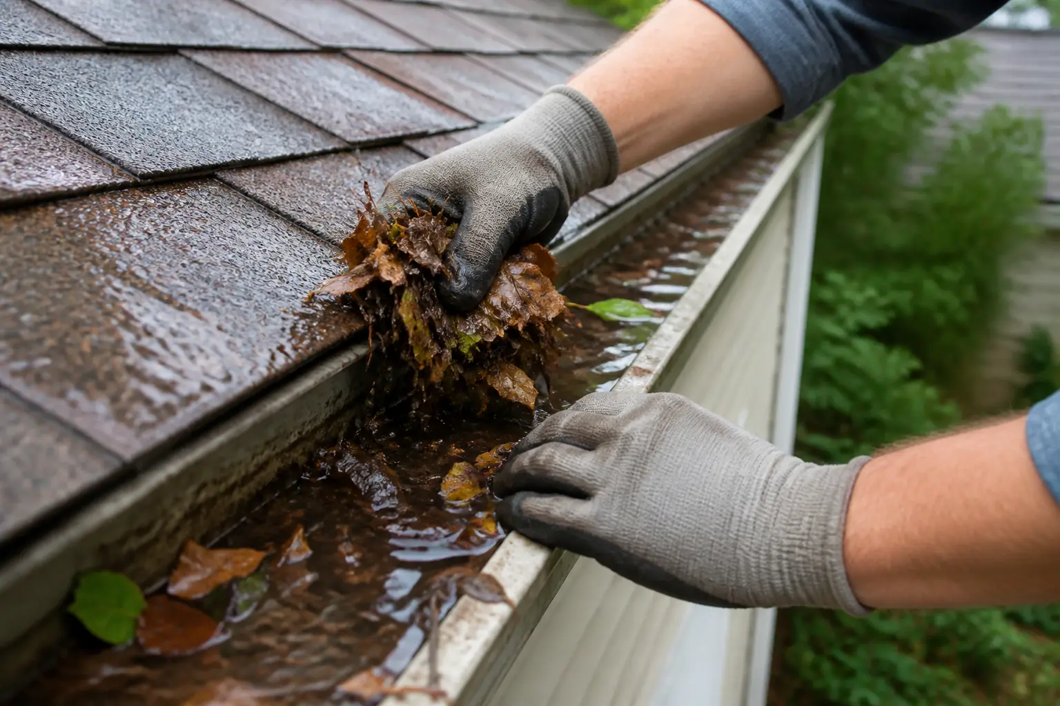 Homeowner clearing a clogged gutter of leaves and standing water on a Georgia home.
